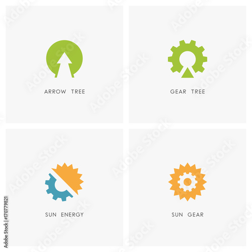 Ecology logo set. Arrow and plant, gear wheel tree, sun or solar with pinion symbol - alternative power source, renewable energy, nature and industry icons.