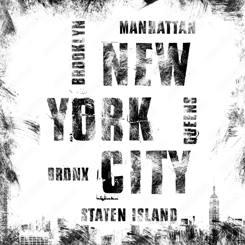 Naklejka premium New York city art. Street graphic style NYC. Fashion stylish print. Template apparel, card, label, poster. emblem, t-shirt stamp graphics. Handwritten banner, logo or label. Black hand drawn phrase