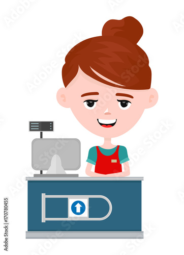 Young happy cute smiling cashier woman 