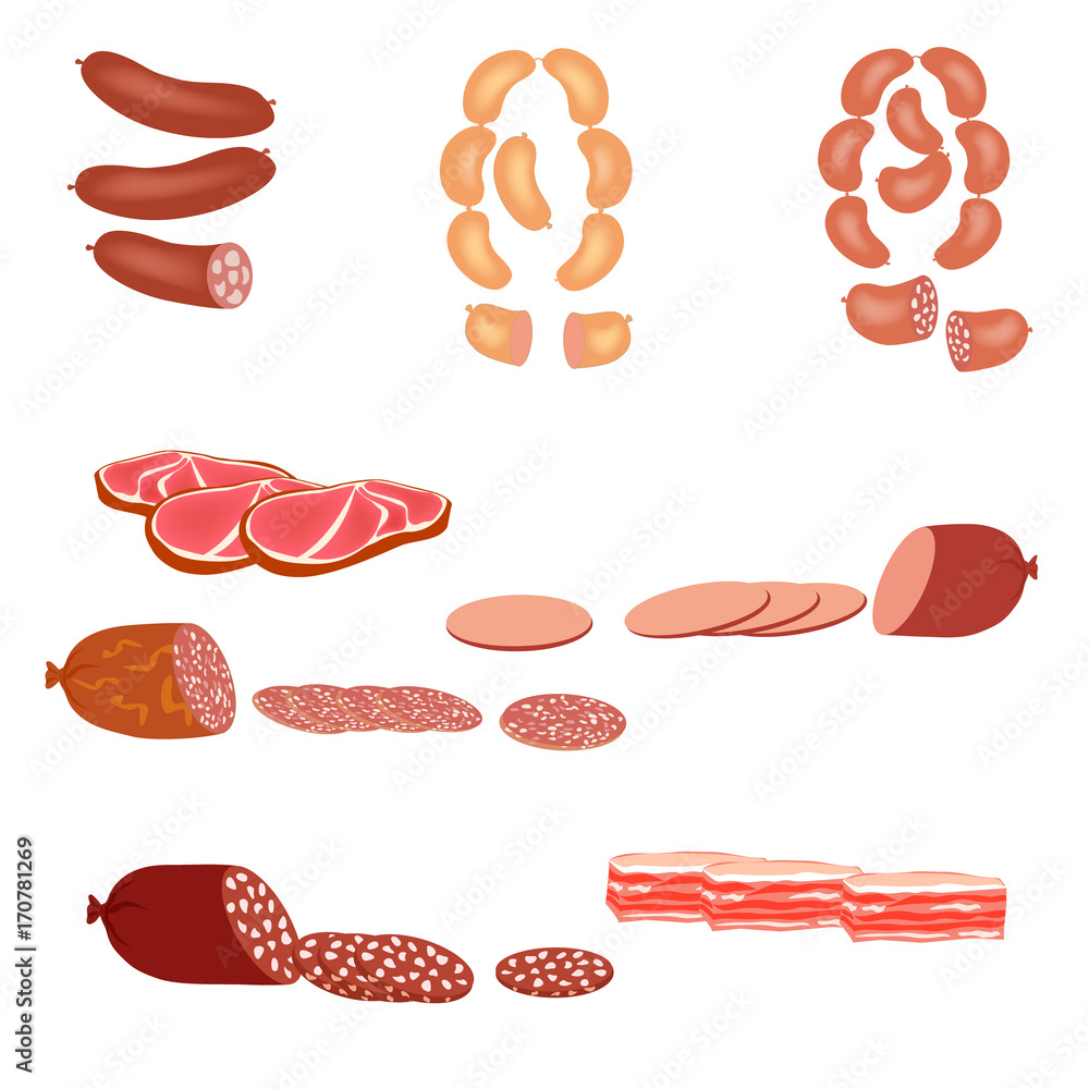 Set of sausage Isolated objects on a white background. Vector illustration