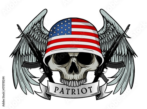 Military skull or patriot skull with AMERICA flag Helmet and Wings Background and ak47 Gun