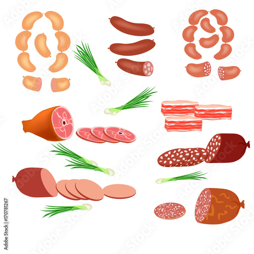 Set of sausage Isolated objects on a white background. Vector illustration