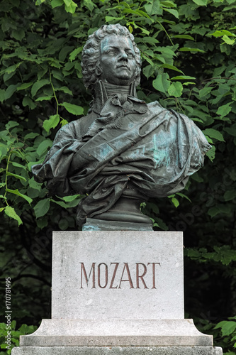 Bust of Wolfgang Amadeus Mozart on Kapuzinerberg hill in Salzburg, Austria. The bust was erected in 1881.