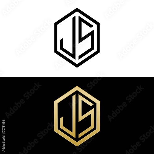initial letters logo js black and gold monogram hexagon shape vector