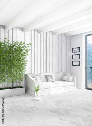 Vertical Bedroom Minimal or Loft style Interior Design. 3D Rendering. Concept idea.