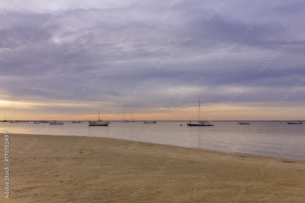 Algarve Cavacos beach dawn twilight landscape at Ria Formosa wetlands reserve, southern Portugal.