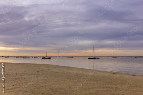 Algarve Cavacos beach dawn twilight landscape at Ria Formosa wetlands reserve, southern Portugal.