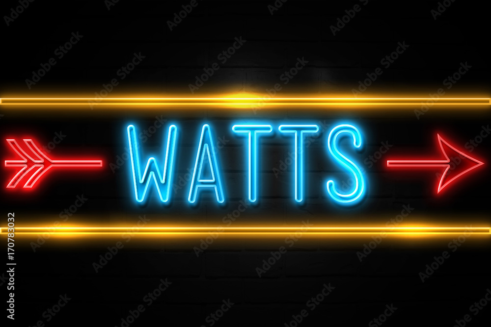 Fototapeta premium Watts - fluorescent Neon Sign on brickwall Front view