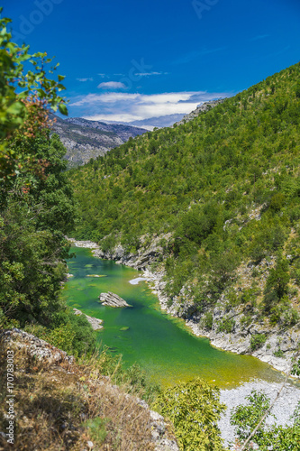 река Тара в каньоне на фоне гор и синего небо в черногории 