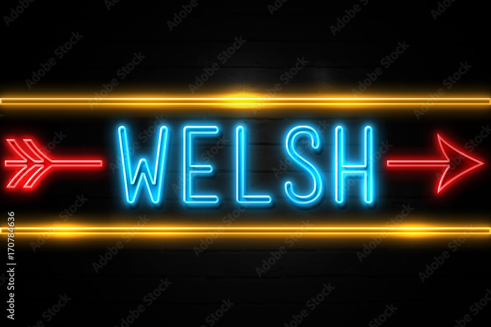Welsh  - fluorescent Neon Sign on brickwall Front view