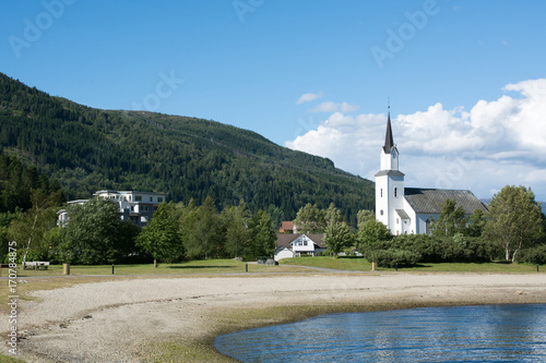 White church in rural landscape photo