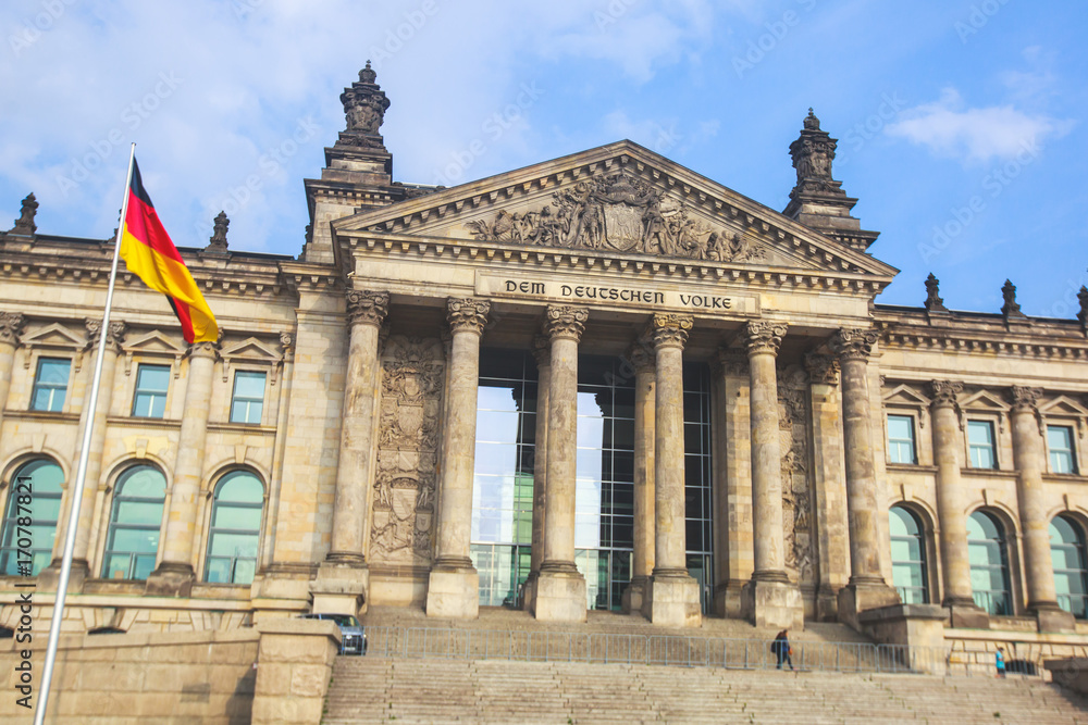 Facade of german parliament called Reichstag or Bundestag, building, Berlin, Germany, The Headquarter of the german Government