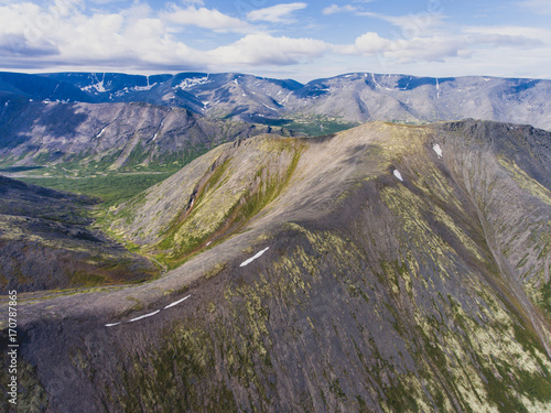 Aerial beautiful picture of Khibiny Mountains, Russia, Kola Peninsula, Murmansk, shot from drone