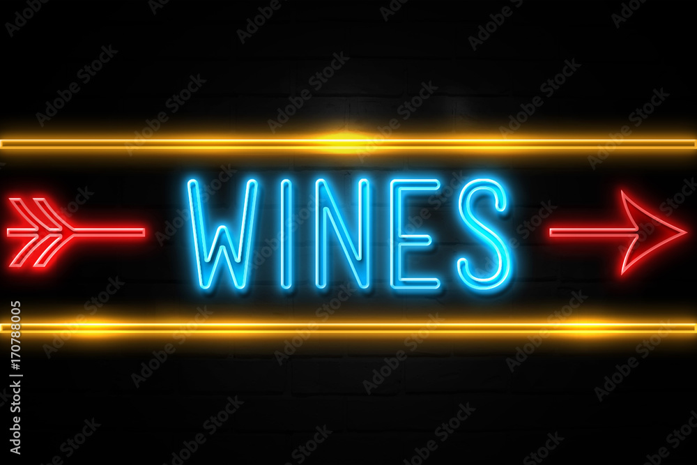 Wines - fluorescent Neon Sign on brickwall Front view Wines - fluorescent Neon Sign on brickwall Front view
