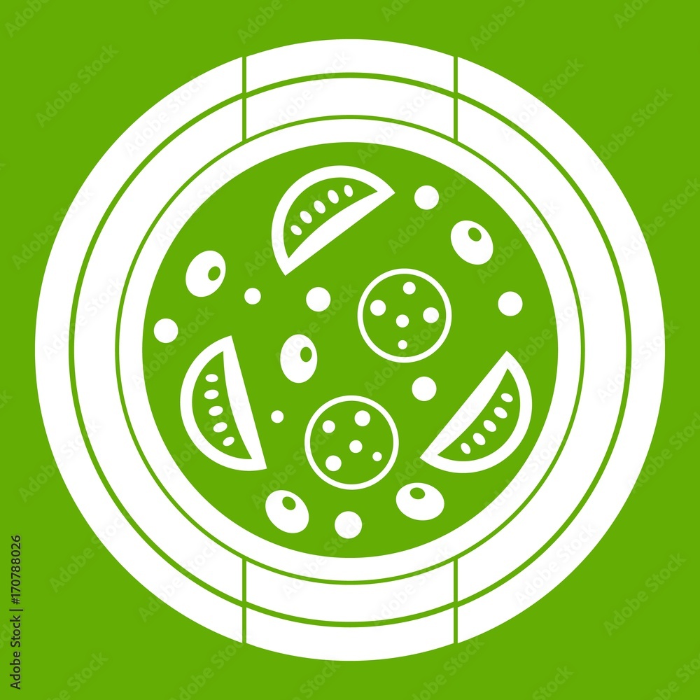 Pizza with sausage, tomatoes and olives icon green Pizza with sausage, tomatoes and olives icon green