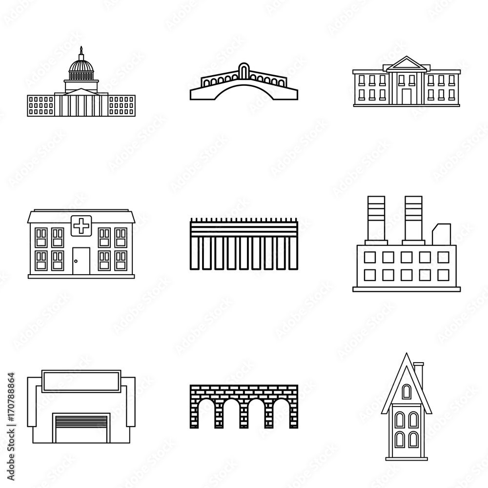 Front elevation icons set, outline style