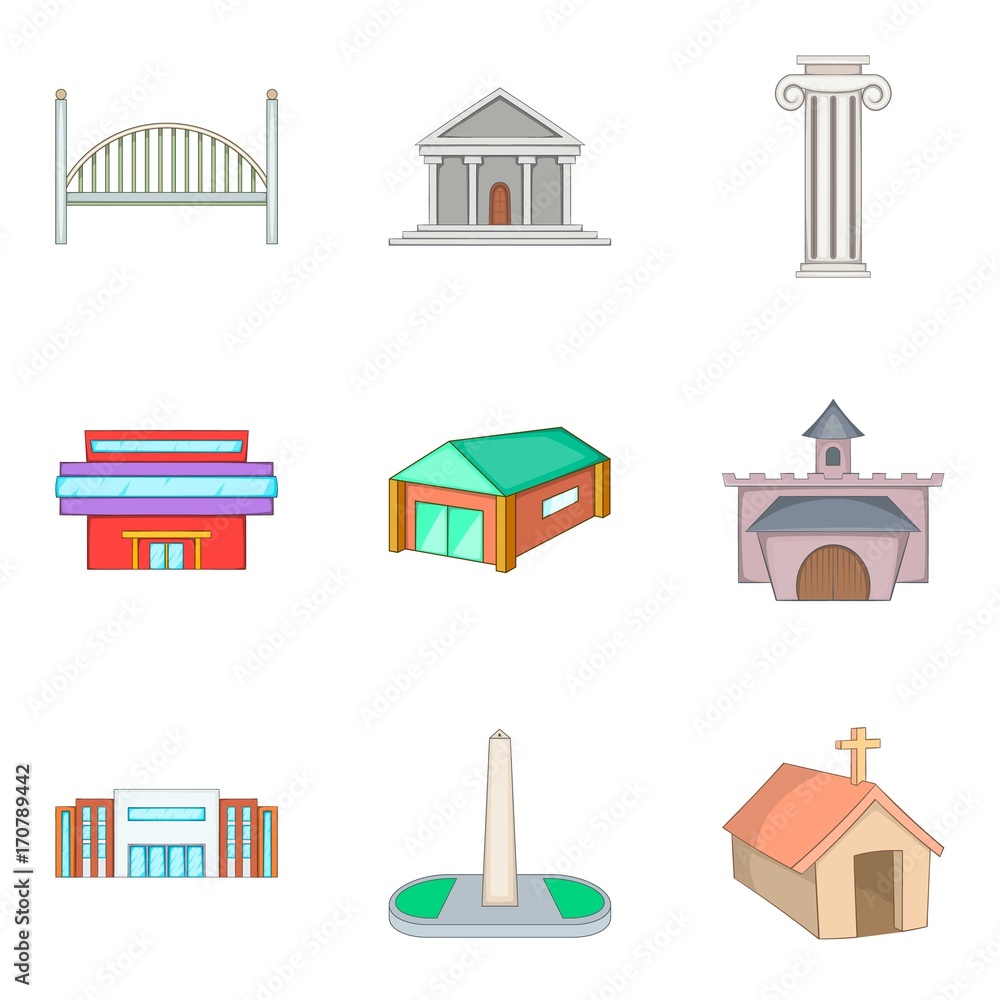 Chapel icons set, cartoon style
