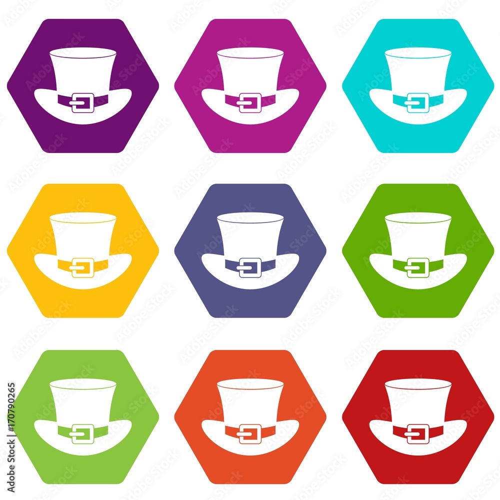 Top hat with buckle icon set color hexahedron Top hat with buckle icon set color hexahedron