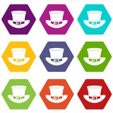 Top hat with buckle icon set color hexahedron