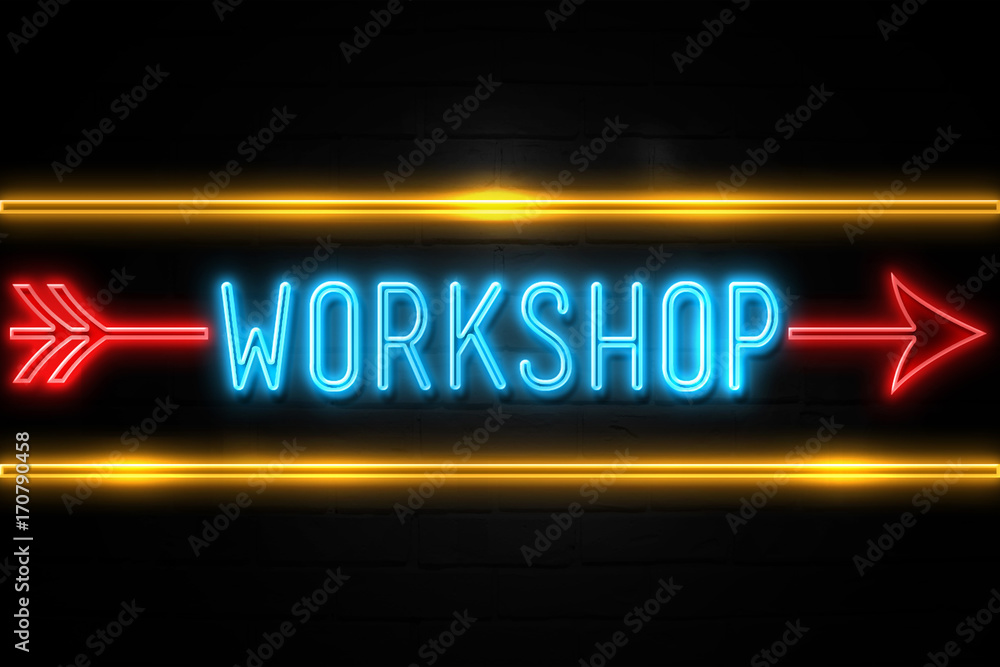 Workshop  - fluorescent Neon Sign on brickwall Front view