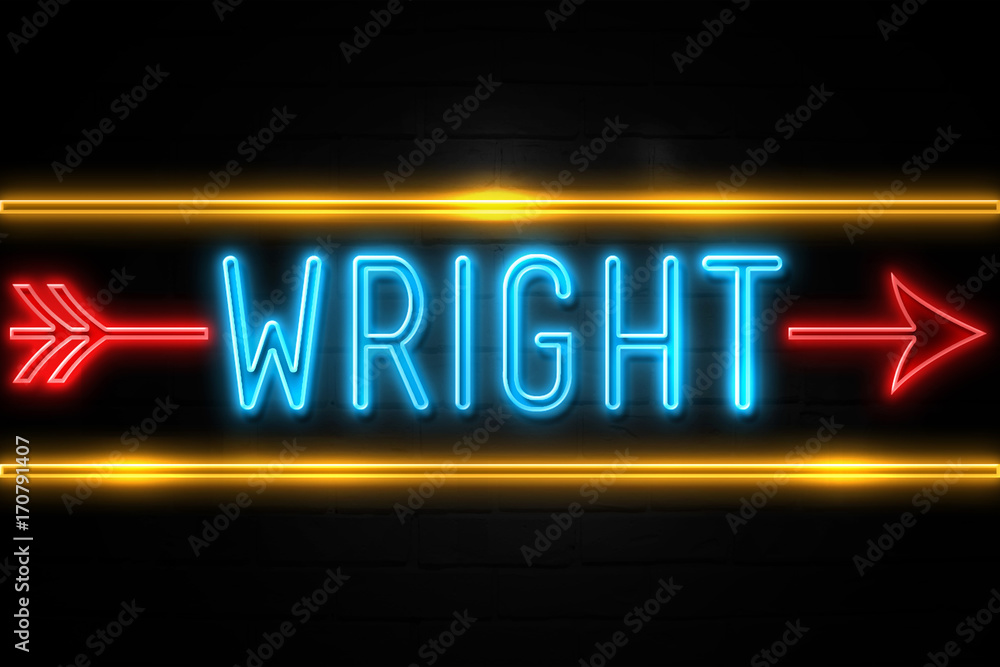 Wright  - fluorescent Neon Sign on brickwall Front view