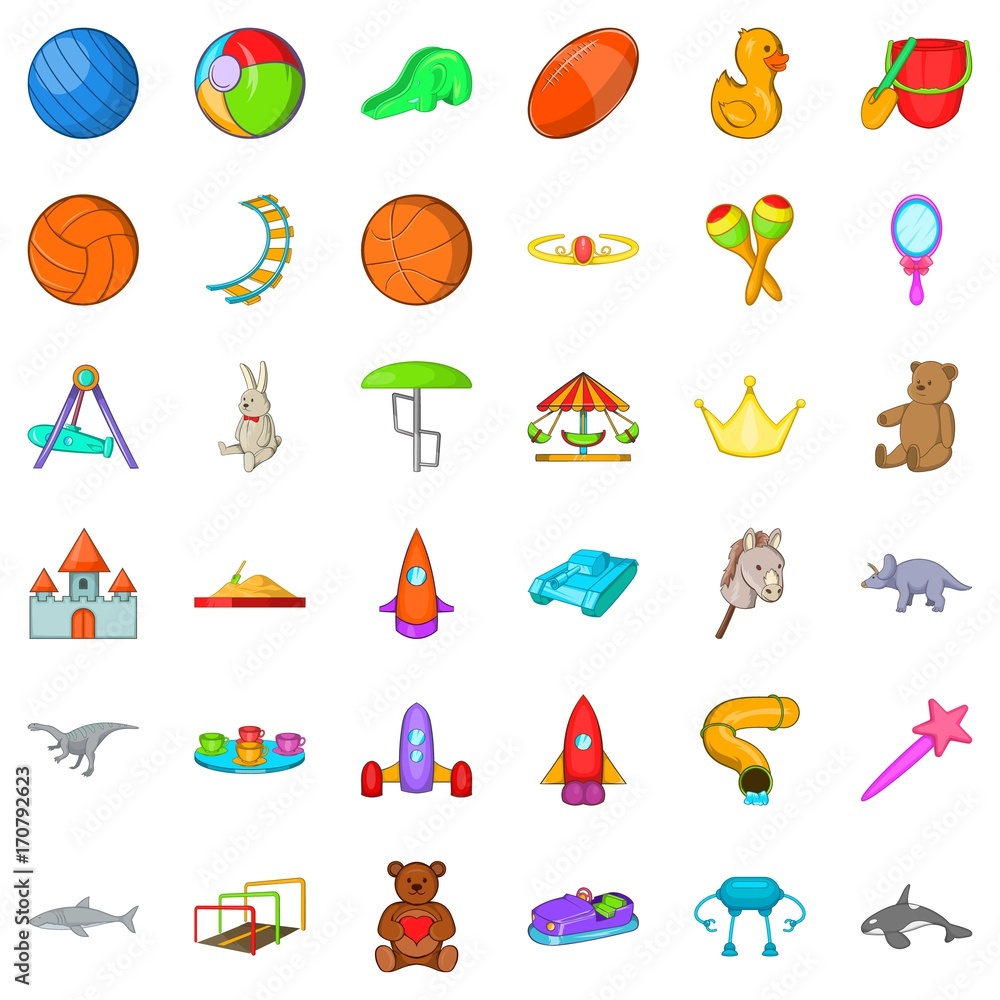 Children toy icons set, cartoon style Children toy icons set, cartoon style