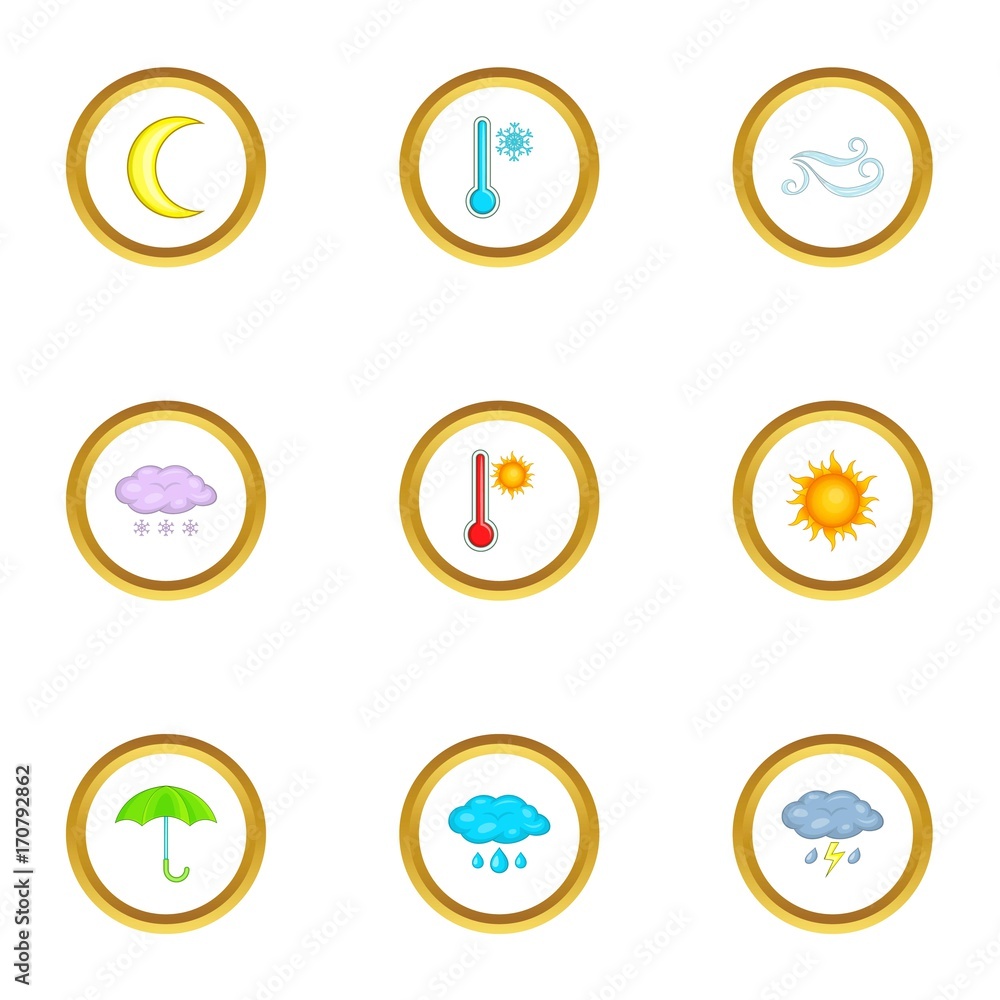 Weather conditions icons set, cartoon style Weather conditions icons set, cartoon style