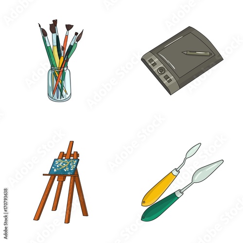 Bank with brushes, a drawing board, an easel with a canvas, paint knives.Artist and drawing set collection icons in cartoon style vector symbol stock illustration web.