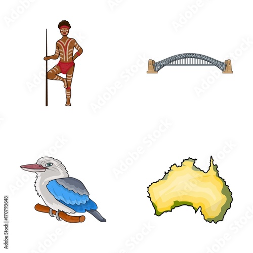 with a spear, Sydney Harbor Bridge, kookabarra on a branch, the territory of the country.Australia set collection icons in cartoon style vector symbol stock illustration web.