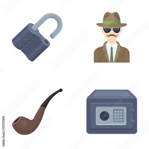 Lock hacked, safe, smoking pipe, private detective.Detective set collection icons in cartoon style vector symbol stock illustration web.