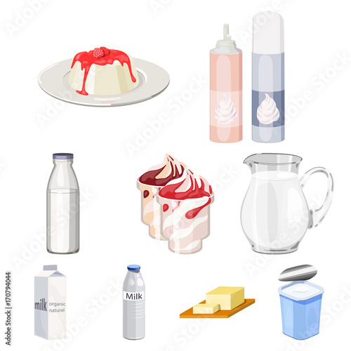 Milk product and sweet set icons in cartoon style. Big collection of milk product and sweet vector symbol stock illustration