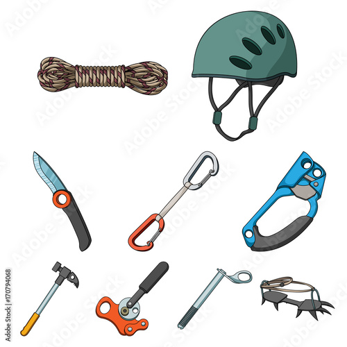Ice ax, conquered top, mountains in the clouds and other equipment for mountaineering.Mountaineering set collection icons in cartoon style vector symbol stock illustration web.