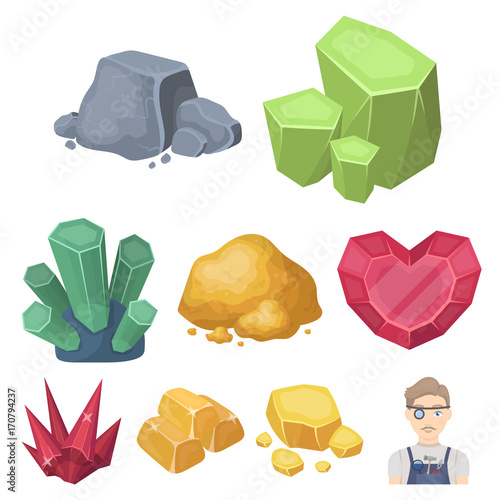 A set of jewelry, crystals, minerals and expensive metals. The jeweler inspects the ornaments.Precious minerals amd jeweler icon in set collection on cartoon style vector symbol stock illustration.