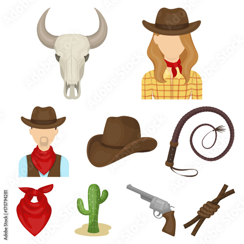 A set of pictures about cowboys. Cowboys on the ranch, horses, weapons, whips.Rodeo icon in set collection on cartoon style vector symbol stock illustration.