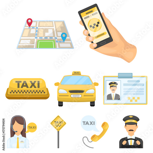 Set of icons about the taxi. A call taxi driver, Parking. Transportation around the city.Taxi icon in set collection on cartoon style vector symbol stock illustration.