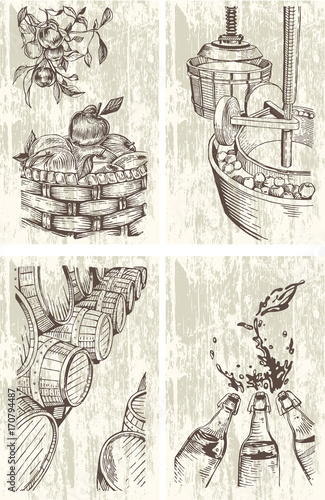Cider Hand-drawn set. Cidermaking process illustrations in engraved style. Vector. 