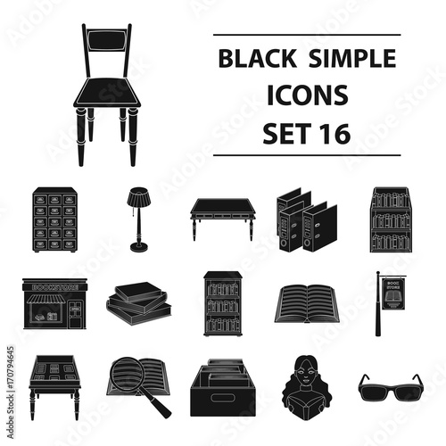 Library and bookstore set icons in black style. Big collection of library and bookstore vector symbol stock illustration
