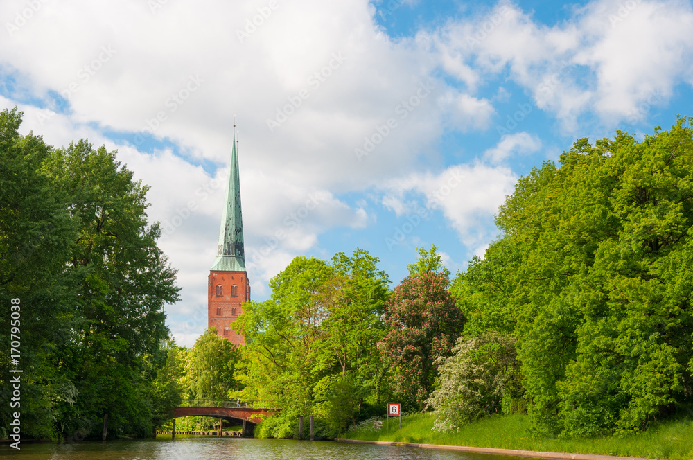 Lubeck Canals and the towers of Lubeck Cathedral