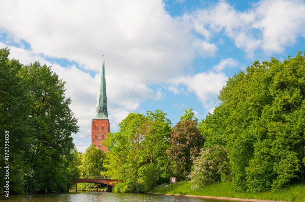 Lubeck Canals and the towers of Lubeck Cathedral Lubeck Canals and the towers of Lubeck Cathedral