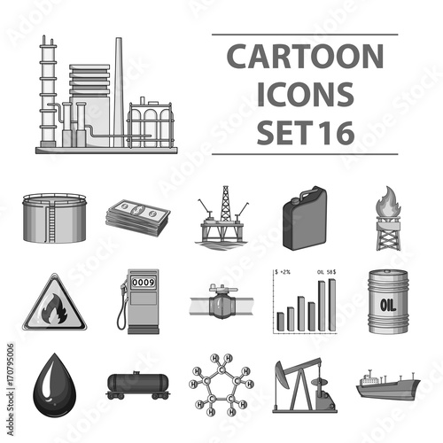 Oil rig, pump and other equipment for oil recovery, processing and storage.Oil set collection icons in monochrome style vector symbol stock illustration web.