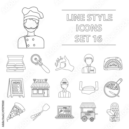 Pizza and pizzeria set icons in outline style. Big collection of pizza and pizzeria vector symbol stock illustration
