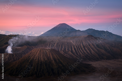 Mount Bromo volcano  Gunung Bromo  during sunrise from viewpoint on Mount Penanjakan. Mount Bromo located in Bromo Tengger Semeru National Park  East Java  Indonesia.