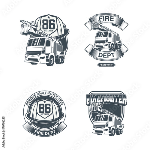 Vintage firefighting labels set with fireman truck and rescue equipment