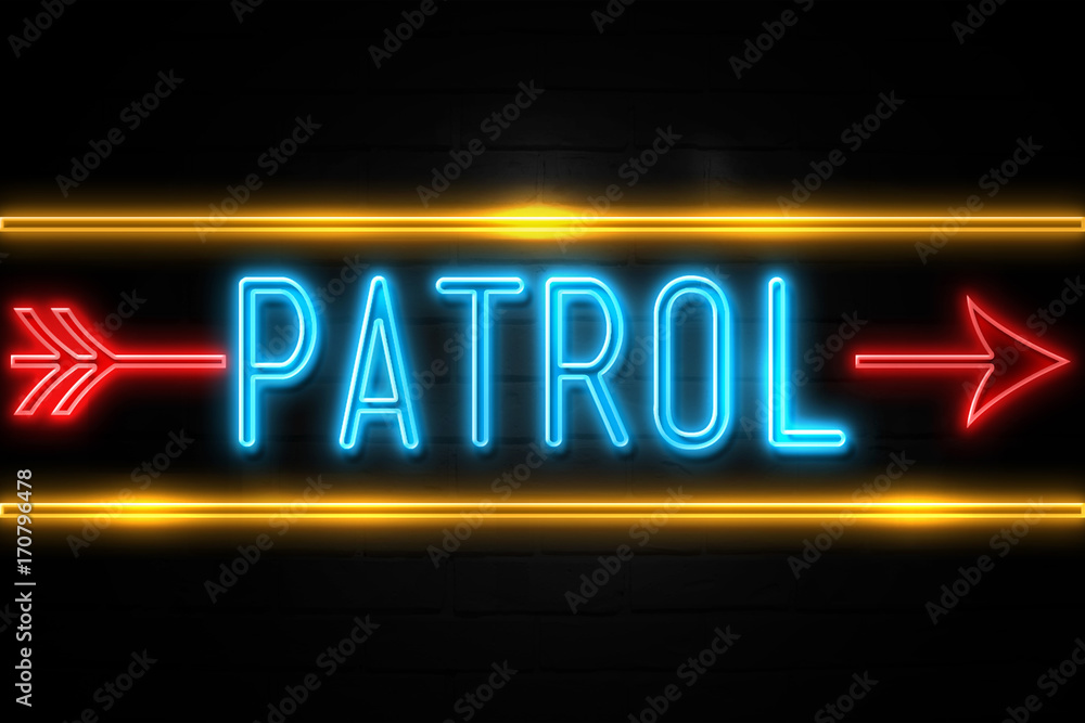 Patrol  - fluorescent Neon Sign on brickwall Front view