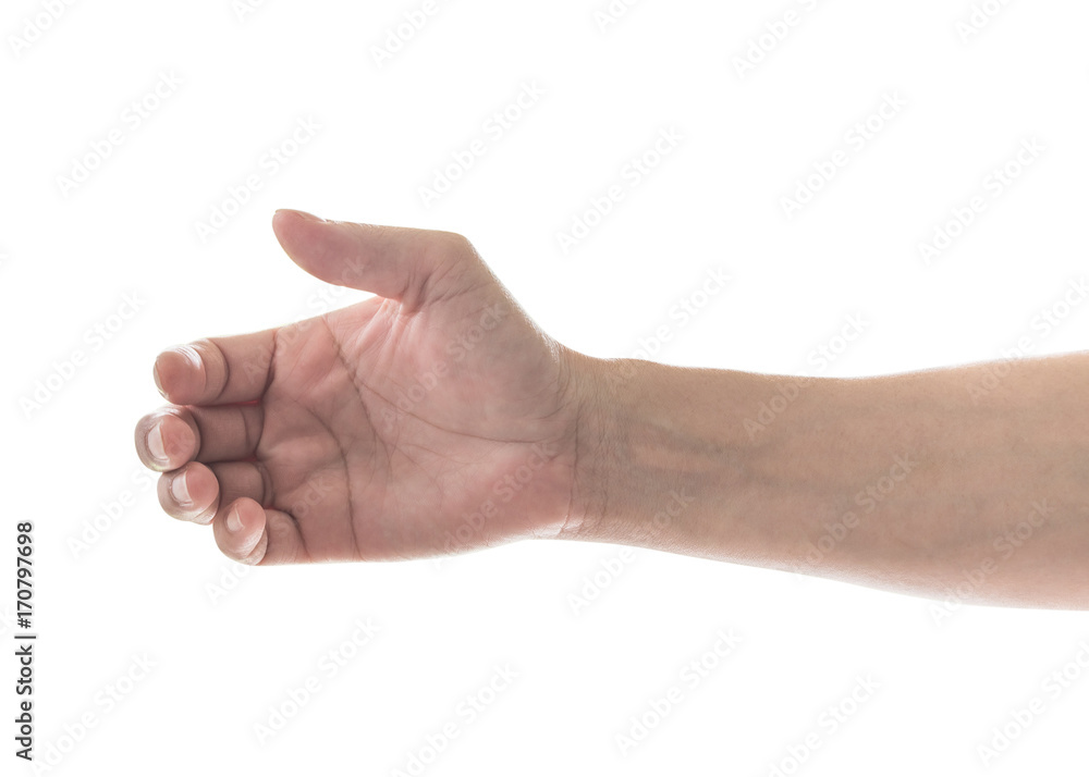 Hand holding thing in drink bottle shape isolated on white background with clipping path. Woman's empty hand and arms with rim light Hand holding thing in drink bottle shape isolated on white background with clipping path. Woman's empty hand and arms with rim light