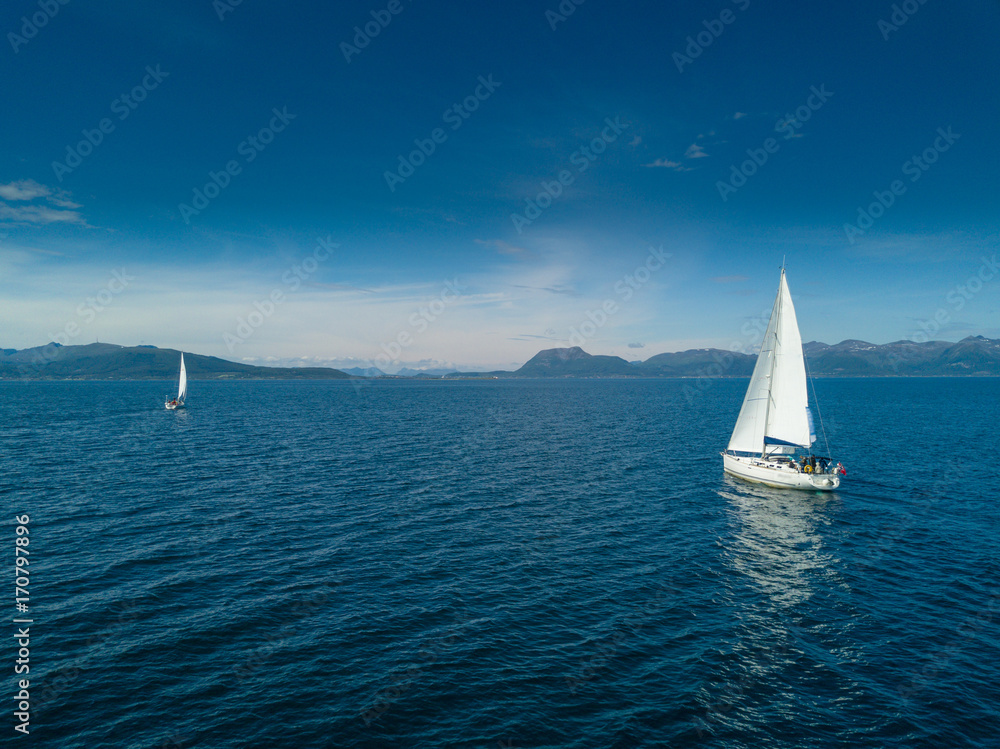 Obraz premium Aerial view of sailing yacht in Norway