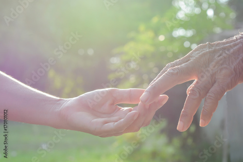 Hand,old and hand with light of the morning