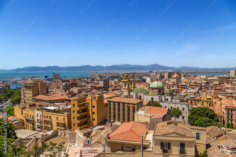 Cagliari, Sardinia, Italy. A picturesque view of the city and the port from the side of the San Remy bastion