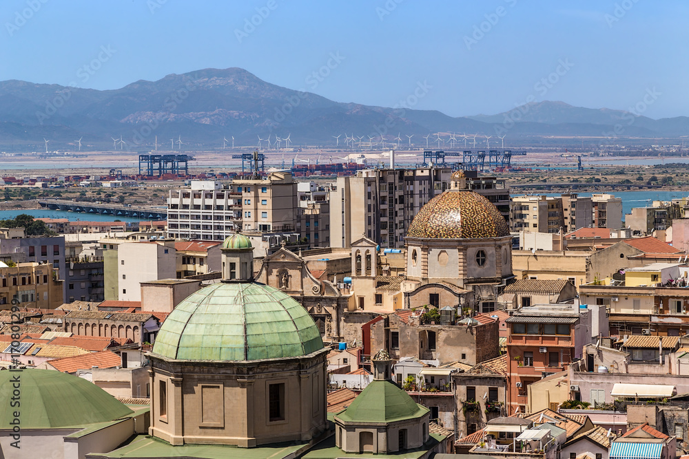 Obraz premium Cagliari, Sardinia, Italy. Scenic view of the city with domes of churches
