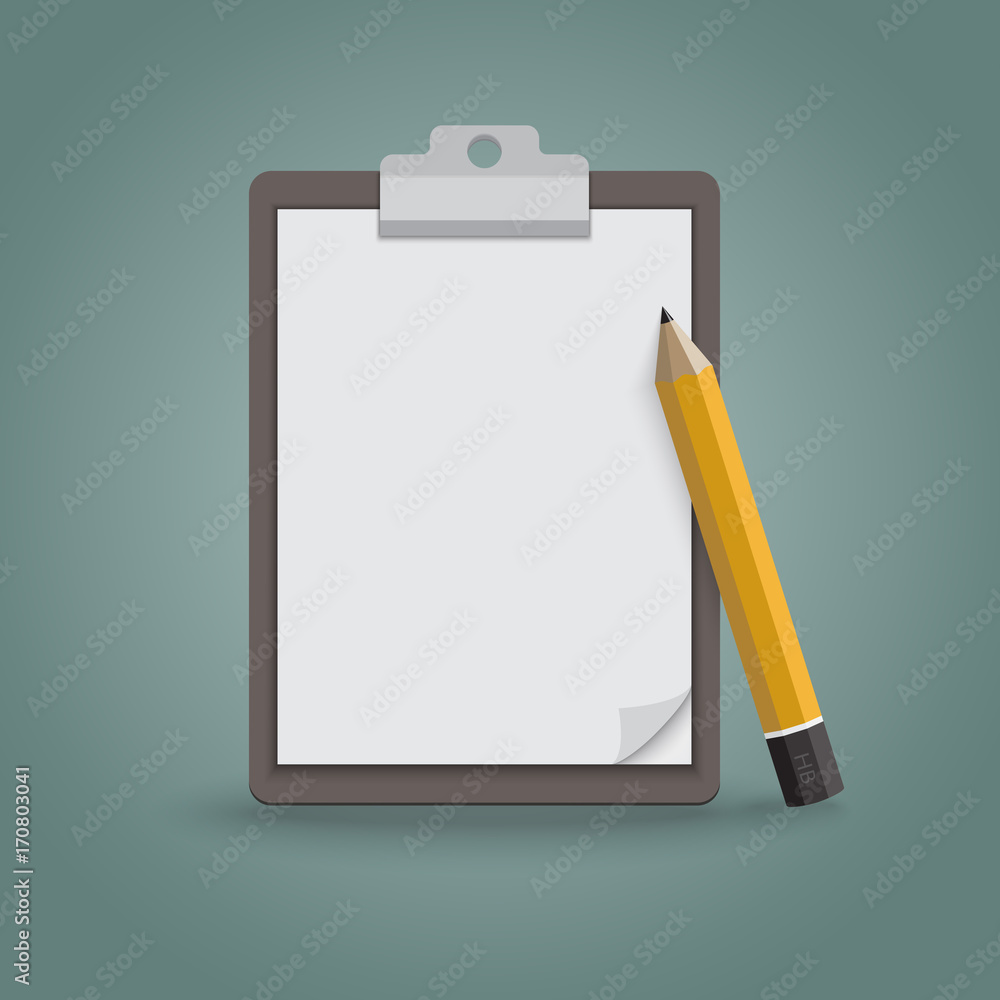 Blank paper and big pencil on clipboard.Empty space for your text. Blank paper and big pencil on clipboard.Empty space for your text.